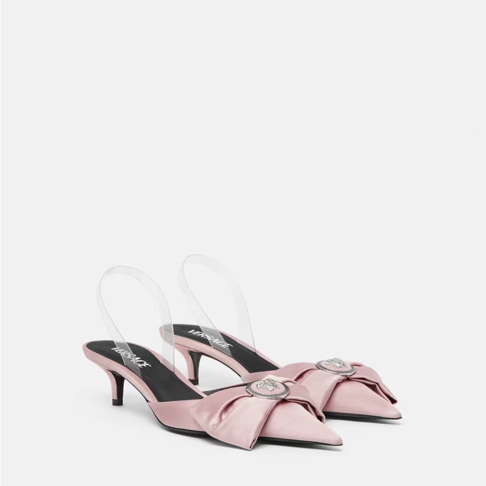 - Versace Pink Satin Bow Kitten Heels